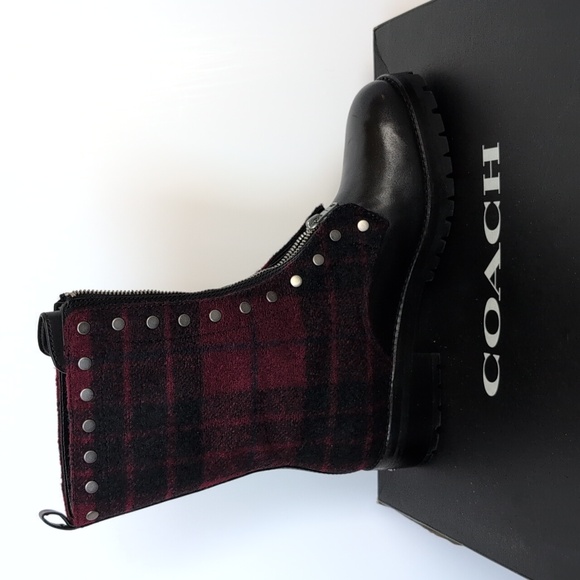 COACH Red Plaid & Leather Studded Combat Boot NIB 9 - Picture 6 of 11